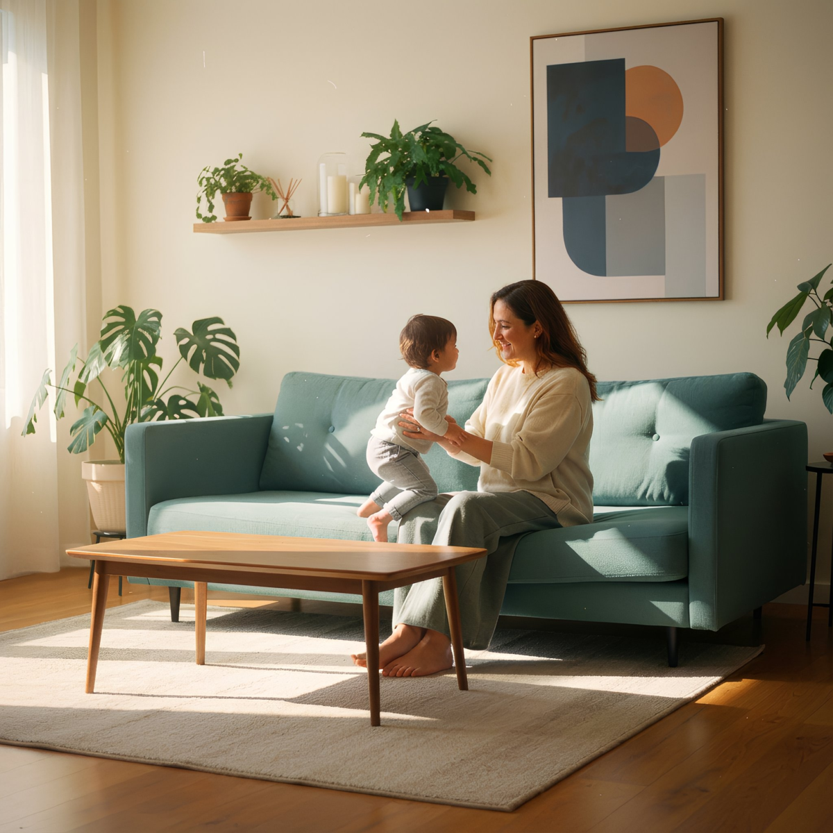 A happy mother and child playing in a clean living room.